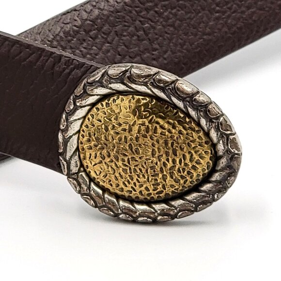 Chicos Brown Adjustable Leather Belt With Textured Silver & Gold Tone Metal Buck - Picture 4 of 16